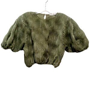 Zara Women's Shirt Size Medium Olive Green Crop Top Textured Puff Sleeve Top